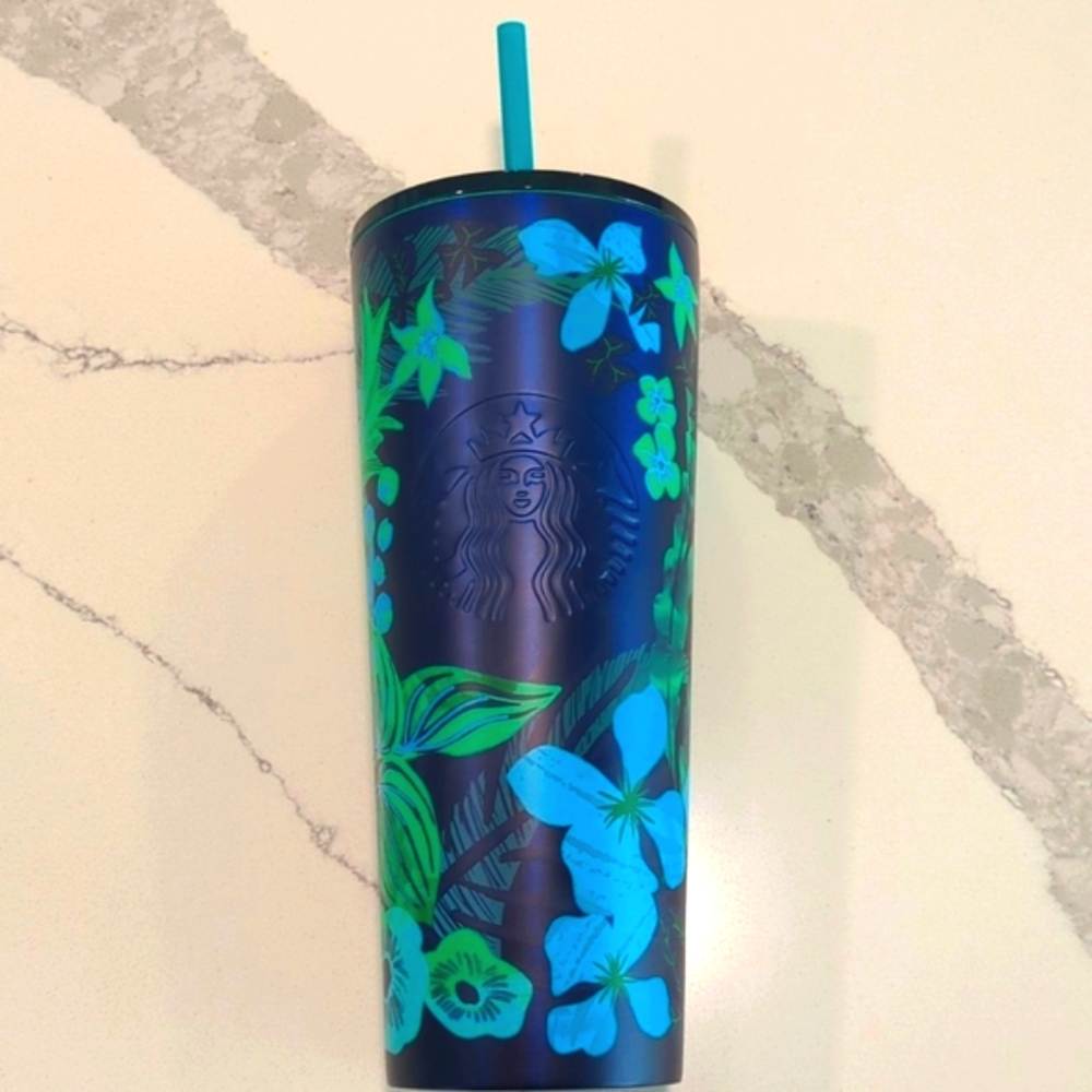 Blue and Green Floral Stainless Steel Starbucks Tumbler with Straw